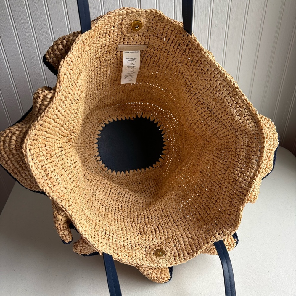Mark & Graham Tan and Blue Raffia Ruffle Tote Bag NWOT Beach Pool Bag - Picture 6 of 13